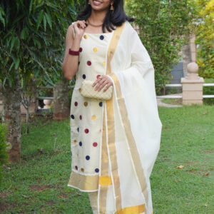 Golden Tissue Polka Chudidar –Unstitched Full Set, Premium Quality Tissue Fabric