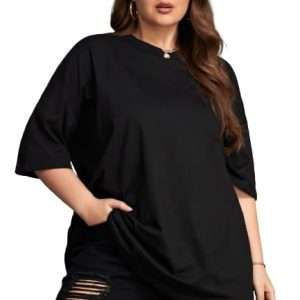 Women's Plain Drop Shoulder Round Neck Oversized T-Shirt (Black Cotton) – Effort