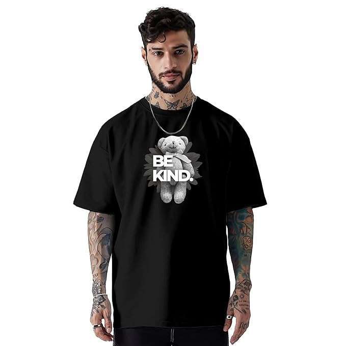 Men's 100% Pure Cotton Relaxed Fit Drop Shoulder Premium Front & Printed Black